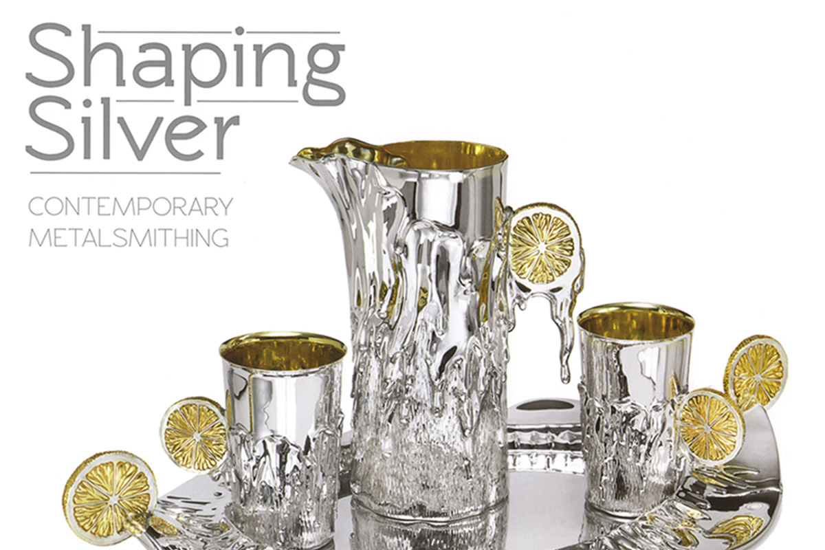 Cover of 'Shaping Silver' exhibit booklet featuring the sterling silver 'Lemon Set' by Michael Galmer at Long Island Museum.