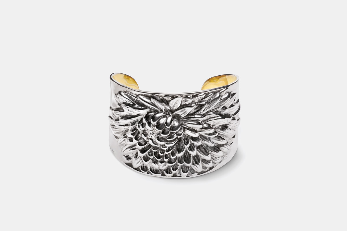 Sterling silver and 24K gold plated 'Sunflower Cuff' designed by Michael Galmer, on permanent exhibit at Evergreen Museum. Photography by Zephyr Ivanisi and Oliver Ivanisi of [ZeO] Productions.