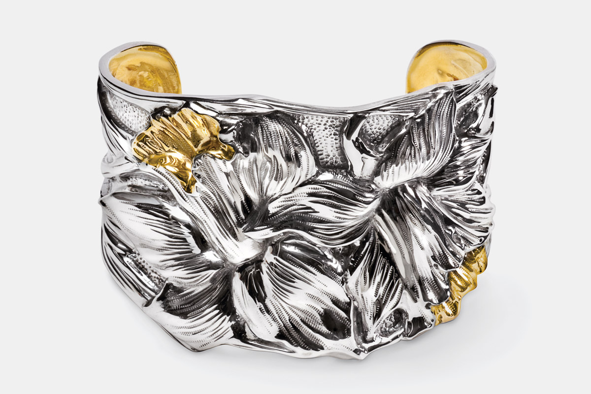 Sterling silver and 24K gold 'Wild Iris Bracelet' designed by Michael Galmer. Photography by Zephyr Ivanisi and Oliver Ivanisi of [ZeO] Productions.
