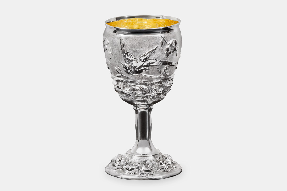 Sterling silver and 24K gold 'Rose & Bird Goblet' designed by Michael Galmer.