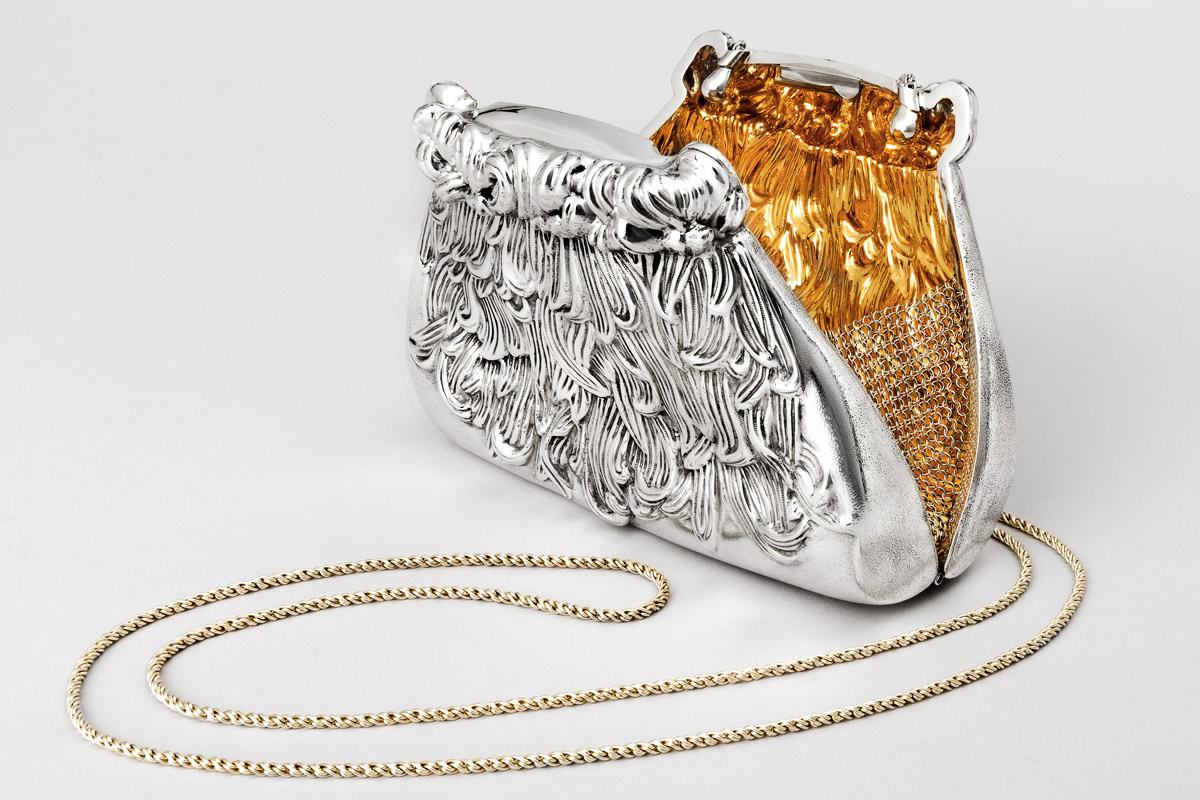 Sterling silver and 24K gold plated 'Chrysanthemum Evening Purse' designed by Michael Galmer.