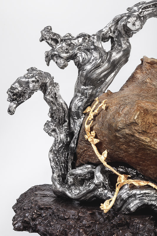 Close-up of sterling silver & 24K gold 'Tears of the Holocaust' sculpture by Michael Galmer.