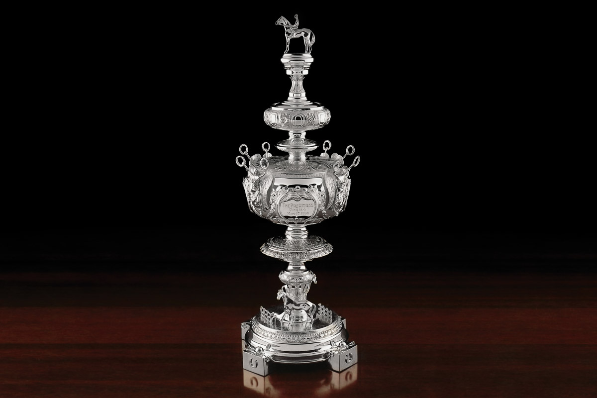 Sterling silver replica of the Woodlawn Vase Preakness Trophy by Michael Galmer.